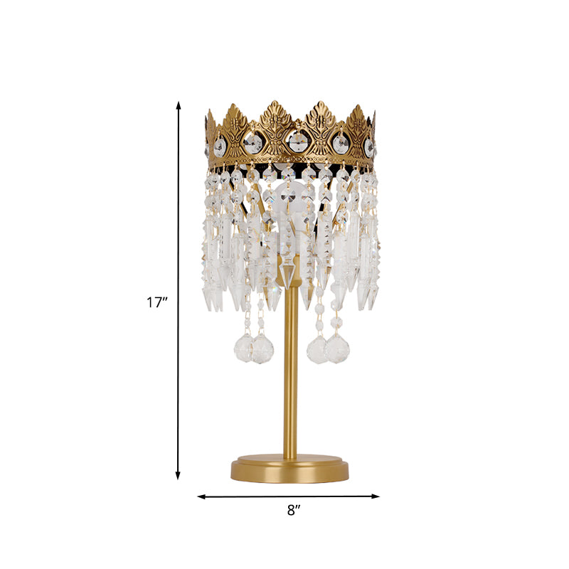 Brass 1 Bulb Nightstand Light Antique Crystal Fringe Table Lighting with Carved Crown Top