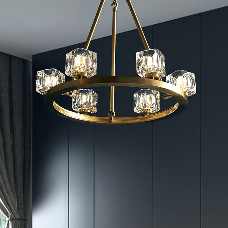 Ice Cube Crystal Hanging Chandelier Mid-Century 6 Bulbs Bedroom Pendant Light in Brass