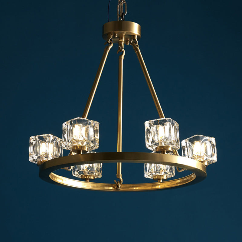 Ice Cube Crystal Hanging Chandelier Mid-Century 6 Bulbs Bedroom Pendant Light in Brass