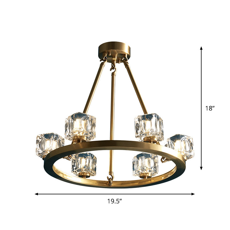 Ice Cube Crystal Hanging Chandelier Mid-Century 6 Bulbs Bedroom Pendant Light in Brass