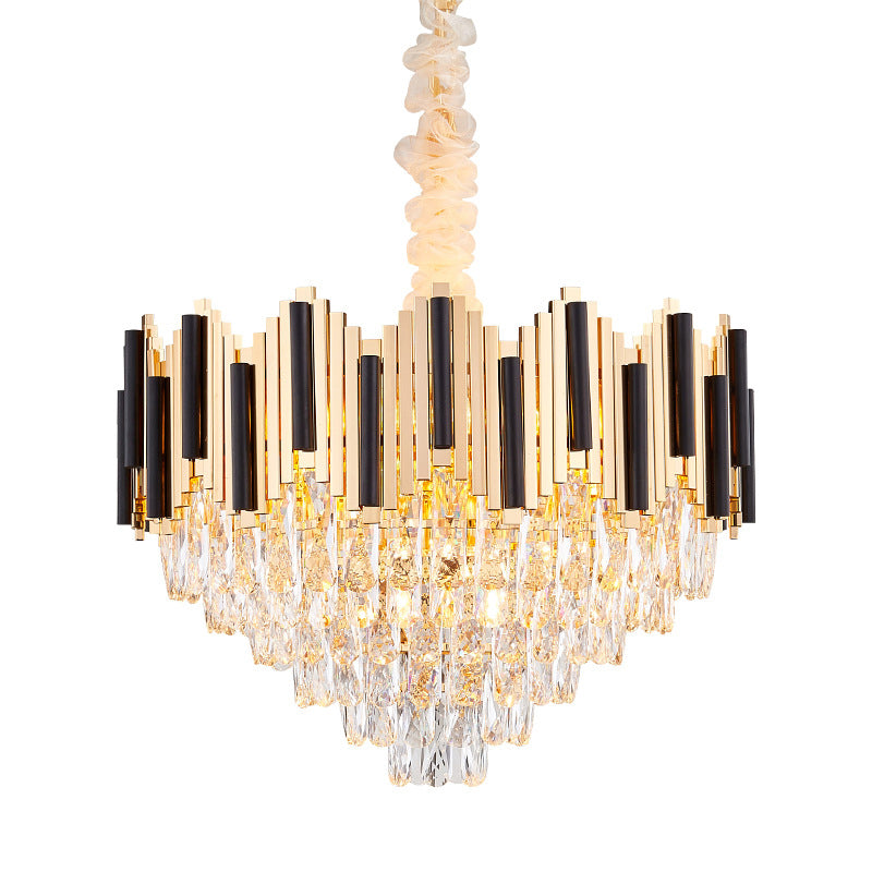 6-Light Crystal Prism Chandelier Modern Black-Gold Cone Living Room Ceiling Pendant Lamp
