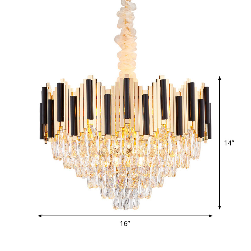 6-Light Crystal Prism Chandelier Modern Black-Gold Cone Living Room Ceiling Pendant Lamp