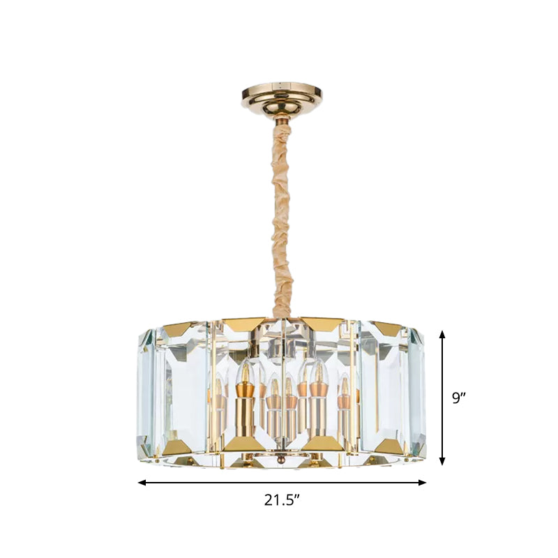 Clear Crystal Paneled Drum Pendant Lamp Modern Style 6 Lights Dining Room Chandelier Light