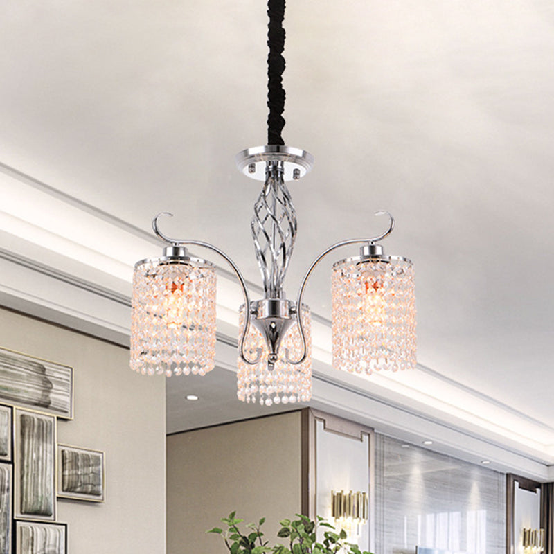 Chrome 3/5-Head Hanging Pendant Light Modern Crystal Strand Cylindrical Chandelier Lamp