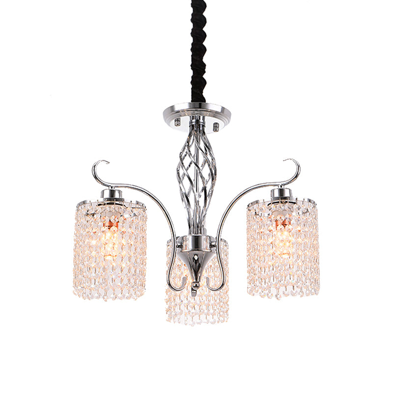 Chrome 3/5-Head Hanging Pendant Light Modern Crystal Strand Cylindrical Chandelier Lamp