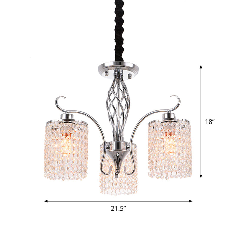 Chrome 3/5-Head Hanging Pendant Light Modern Crystal Strand Cylindrical Chandelier Lamp