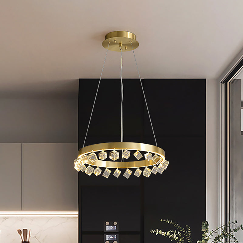 Loop Kitchen Dinette Chandelier Minimalistic Metal Gold Finish LED Pendant Light with Dangling Crystal Cube