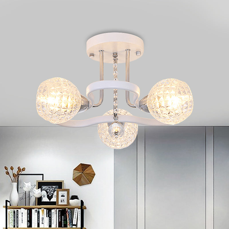 Clear Lattice Glass Ball Semi Flush Modernism 3/5 Lights Bedroom Ceiling Mounted Light in White