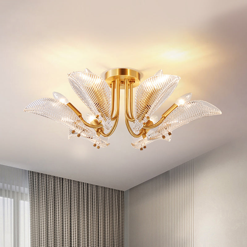 6 Heads Transparent Glass Ceiling Lamp Postmodern Brass Leaf Bedroom Semi Flush Mount Light
