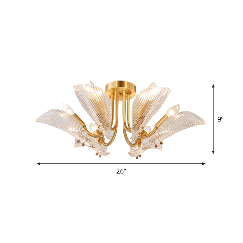 6 Heads Transparent Glass Ceiling Lamp Postmodern Brass Leaf Bedroom Semi Flush Mount Light