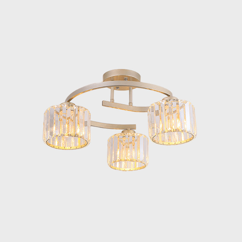 Crystal Prism Cup Semi Flush Chandelier Contemporary 3 Heads slaapkamer plafondmontage lamp met goud gebogen arm