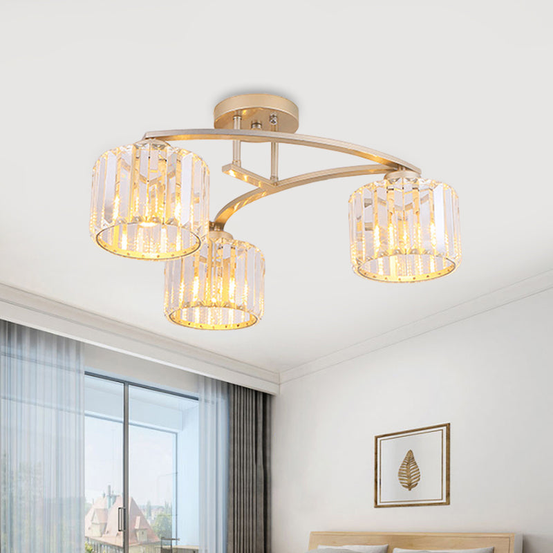 Gold V Arm Ceiling Mount Chandelier Postmodern Metal 3 Bulbs Restaurant Semi Flush Light with Crystal Shade