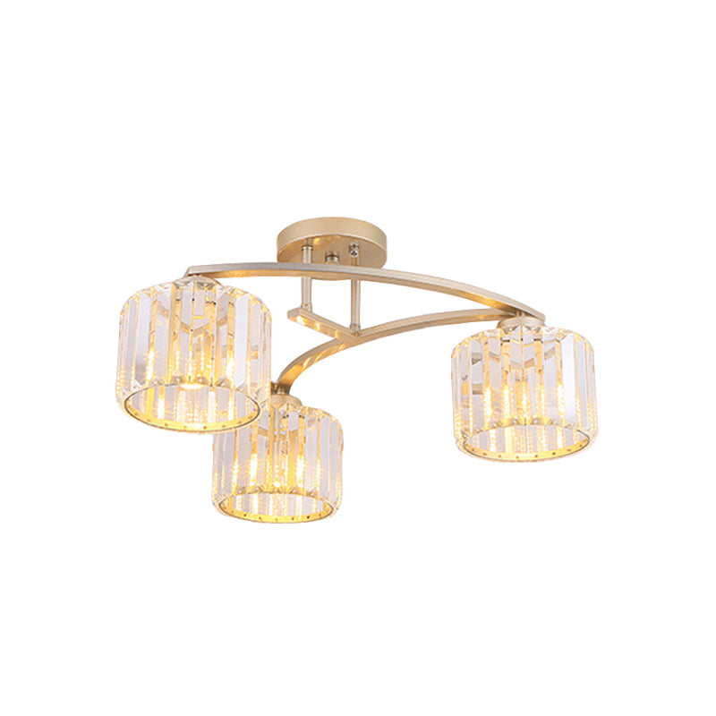 Gold V Arm Ceiling Mount Chandelier Postmodern Metal 3 Bulbs Restaurant Semi Flush Light with Crystal Shade