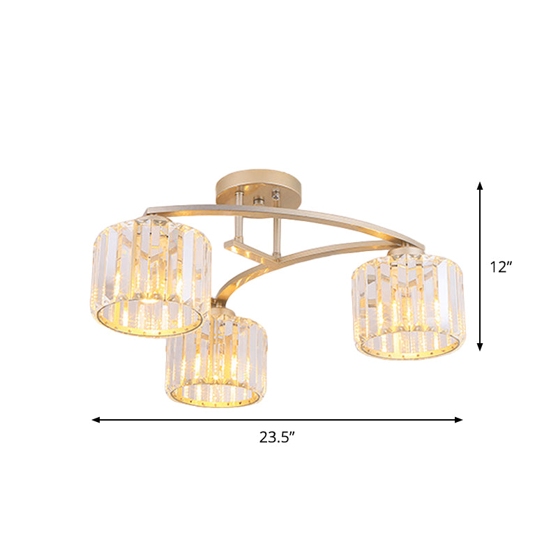 Gold V Arm Ceiling Mount Chandelier Postmodern Metal 3 Bulbs Restaurant Semi Flush Light with Crystal Shade