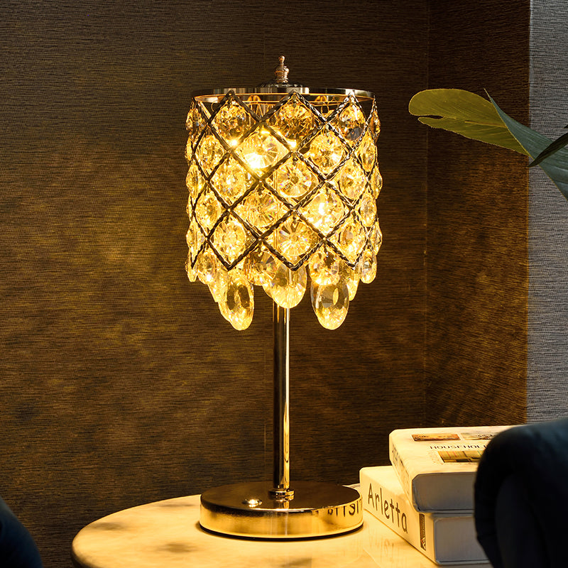 Crisscrossed Cylinder Lounge Table Lamp Modernist Crystal Clear/Champagne LED Night Stand Light