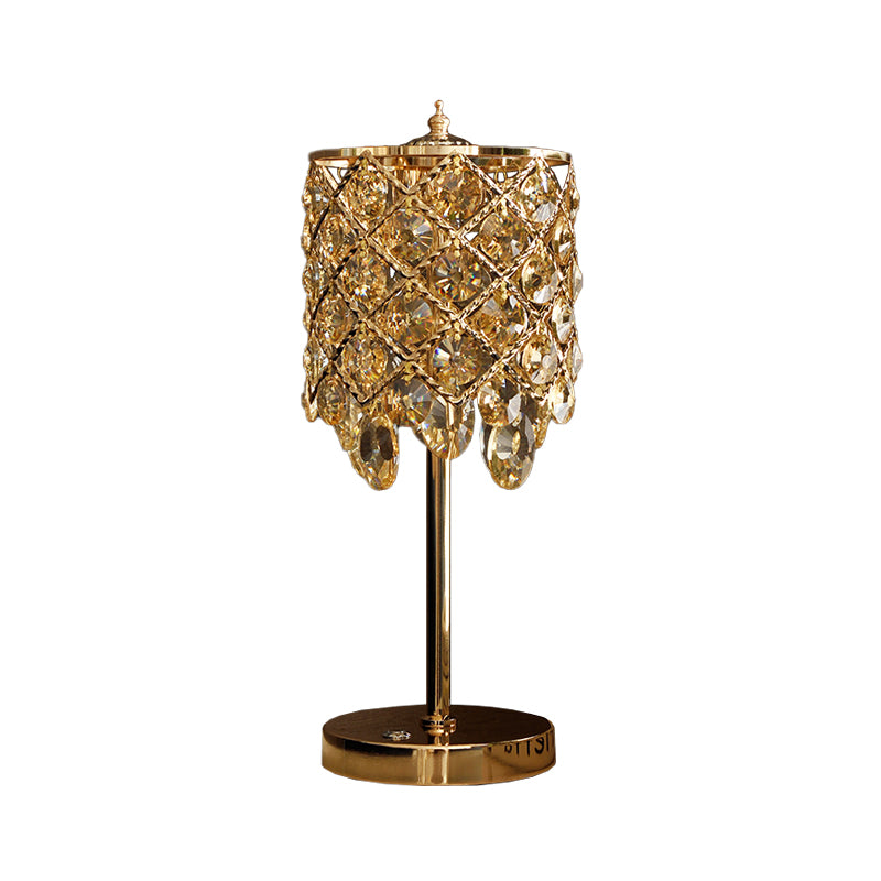 Crisscrossed Cylinder Lounge Table Lamp Modernist Crystal Clear/Champagne LED Night Stand Light