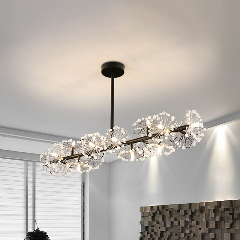 Crystal Bead Blossom Island Lamp Modern Stylish 16 Bulbs Dining Table Suspended Lighting Fixture in Black