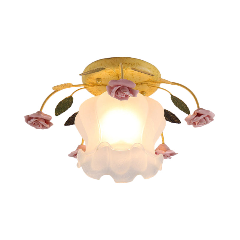 Flowerbud Cream Matte Glass Semi Flush Pastoral 1 Bulb Corridor Ceiling Mount Light in Yellow-Pink/White-Pink