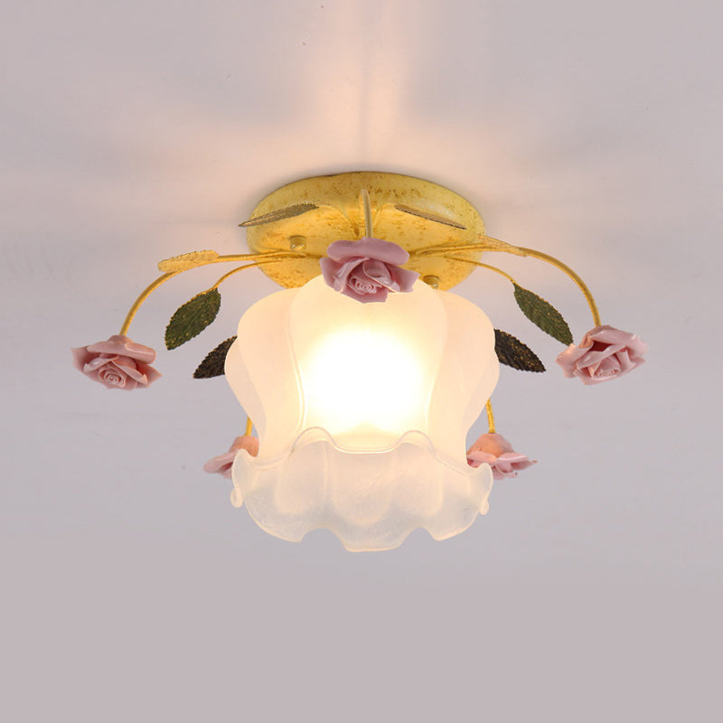 Flowerbud Cream Matte Glass Semi Flush Pastoral 1 Bulb Corridor Ceiling Mount Light in Yellow-Pink/White-Pink