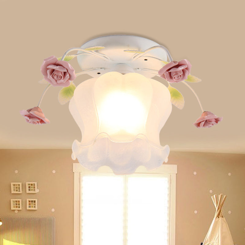 Flowerbud Cream Matte Glass Semi Flush Pastoral 1 Bulb Corridor Ceiling Mount Light in Yellow-Pink/White-Pink