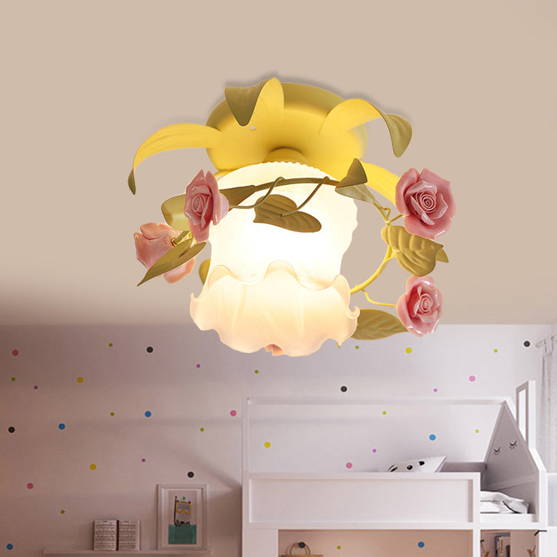 Single Flounce-Trim Semi Mount Lighting Korean Flower White/Green Frosted Glass Close to Ceiling Lamp