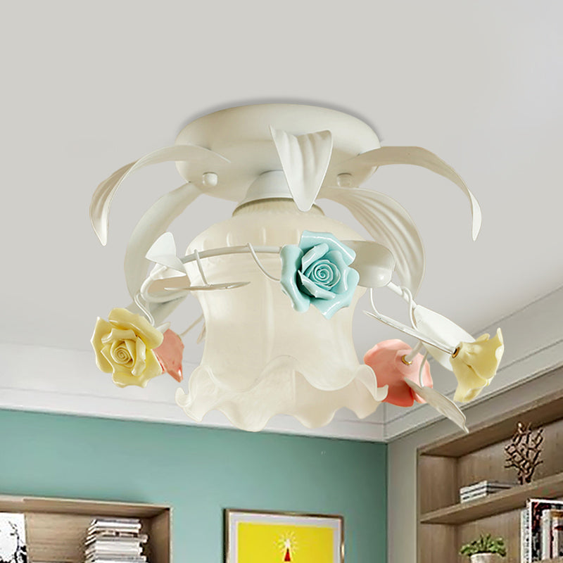 Single Flounce-Trim Semi Mount Lighting Korean Flower White/Green Frosted Glass Close to Ceiling Lamp