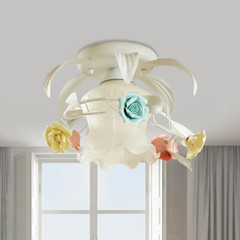 Single Flounce-Trim Semi Mount Lighting Korean Flower White/Green Frosted Glass Close to Ceiling Lamp