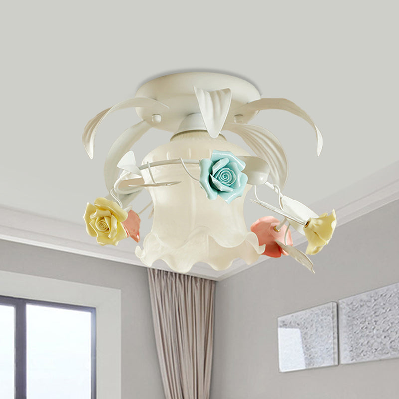 Single Flounce-Trim Semi Mount Lighting Korean Flower White/Green Frosted Glass Close to Ceiling Lamp