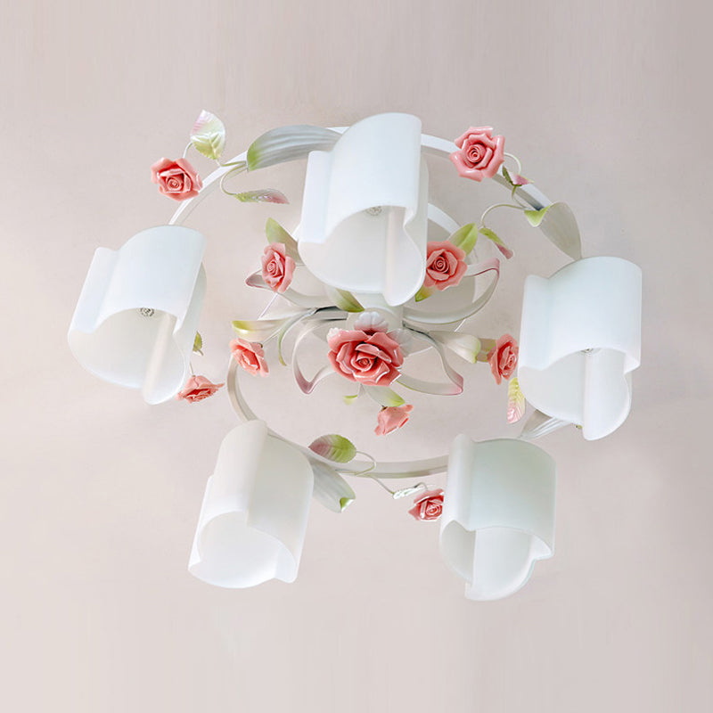Plafond floral de 3/5 à tête rinçage romantique pastoral blanc / jaune en verre givré semi à chasse d'eau lustre