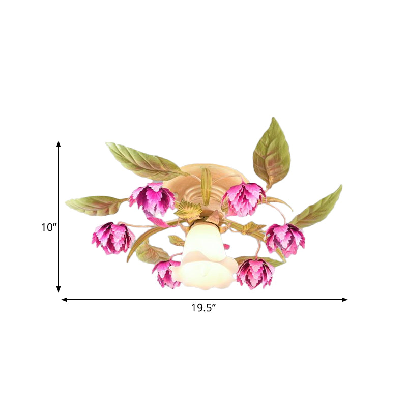 Rose rouge 1/4-Bulb Plafond Mount Light Coréen Garden Grossed Glass Flowerling Semi Flush Lightture pour Corridor