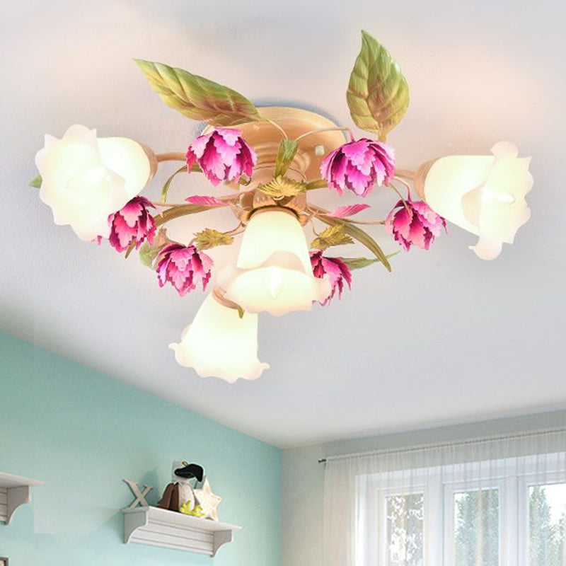 Rose rouge 1/4-Bulb Plafond Mount Light Coréen Garden Grossed Glass Flowerling Semi Flush Lightture pour Corridor