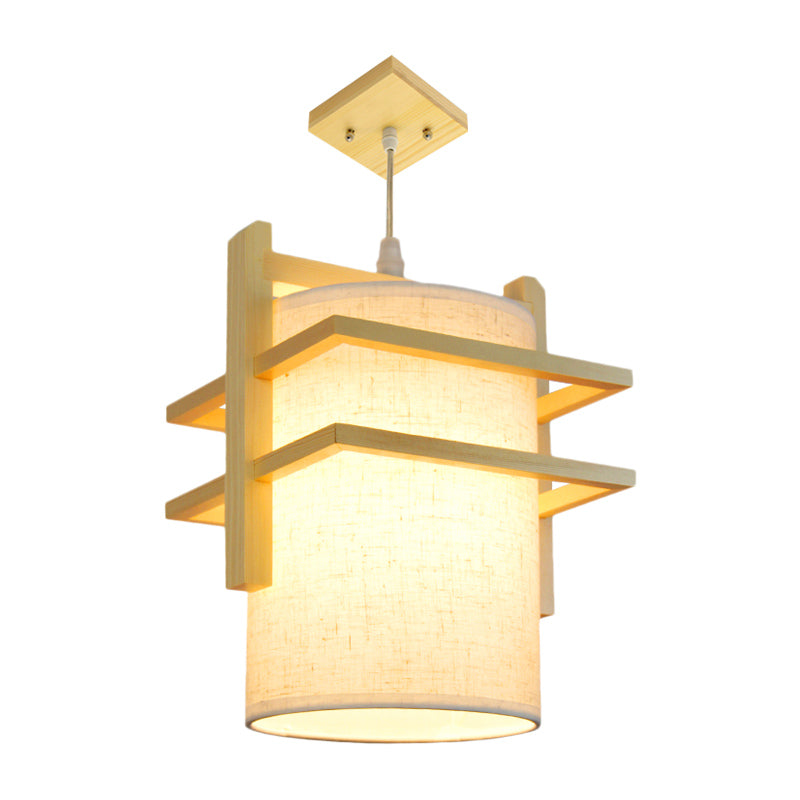 Fabric Cylindrical Hanging Lamp Kit Asian Style 1 Head Beige Ceiling Suspension Light with Wood Shelf
