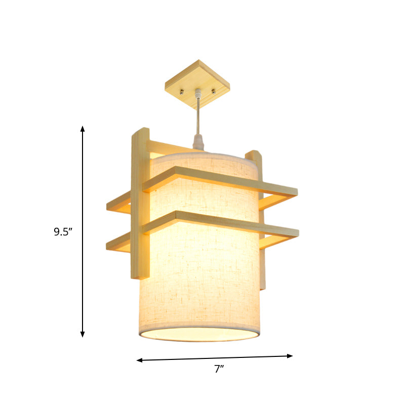 Fabric Cylindrical Hanging Lamp Kit Asian Style 1 Head Beige Ceiling Suspension Light with Wood Shelf