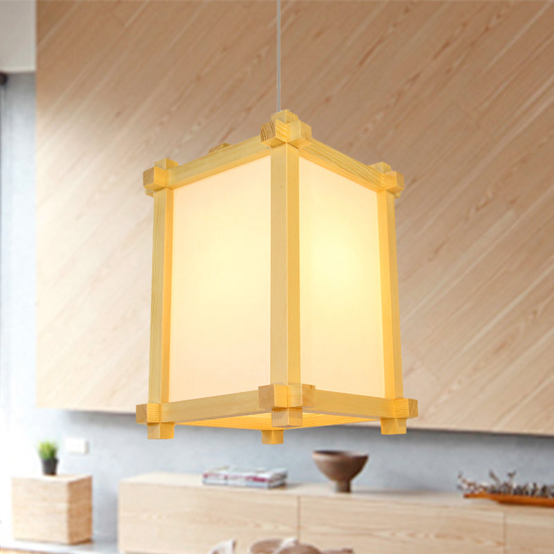 Box Forme Pendant Light Aymator Wood de style japonais 1 Restaurant de bulbe Lampe suspendue en beige