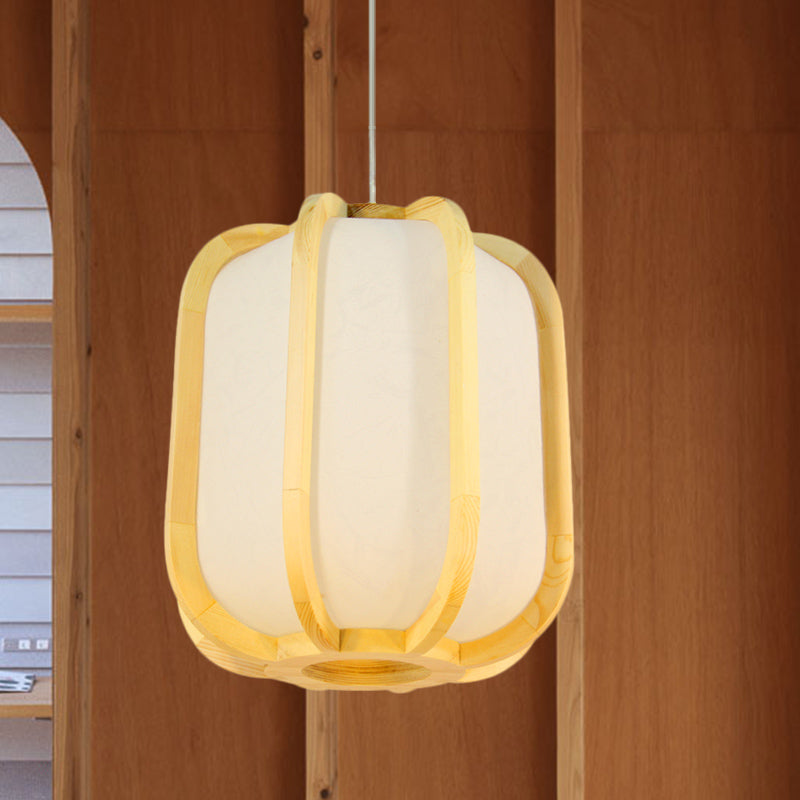 Lantern Wood Suspension Light Japanese 1-Light Beige Pendant Ceiling Lamp for Restaurant
