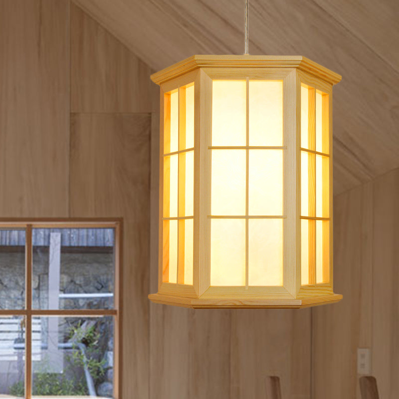 Holz Hexagon-Pendel leichter japanischer Stil 1-Kopf-Hängende Deckenlampe in Beige für Tea Room