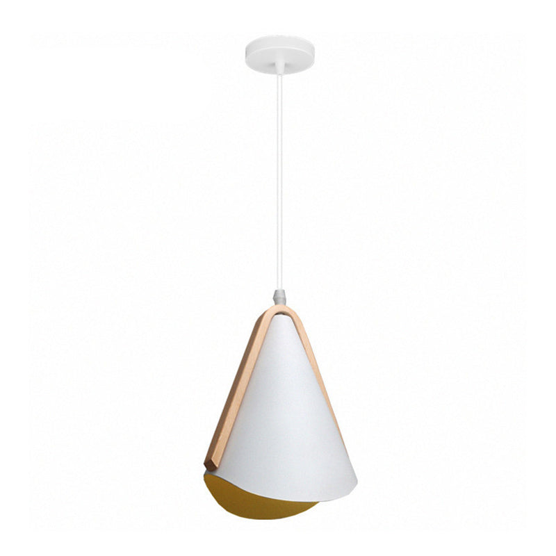 White-Wood Conic Drop Pendant Modernism 1-Bulb Metal Suspension Light over Dining Table