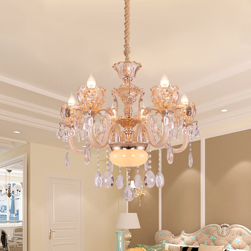 Gold Candle Chandelier Lamp Modern Amber Glass 6/8 Bulbs Living Room Pendant with Crystal Drop