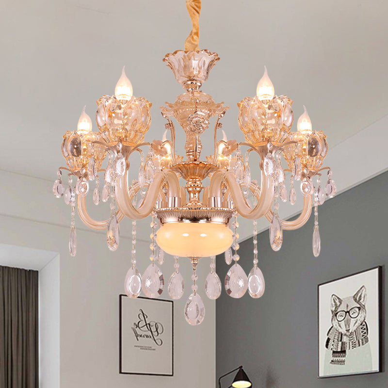 Gold Candle Chandelier Lamp Modern Amber Glass 6/8 Bulbs Living Room Pendant with Crystal Drop