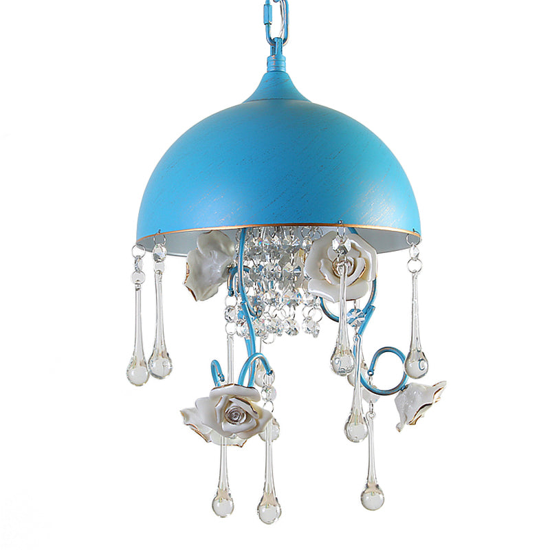 3 Bulbs Dome Chandelier Blue Iron Pendant Lighting with Rose Decor and Clear Crystal Drop