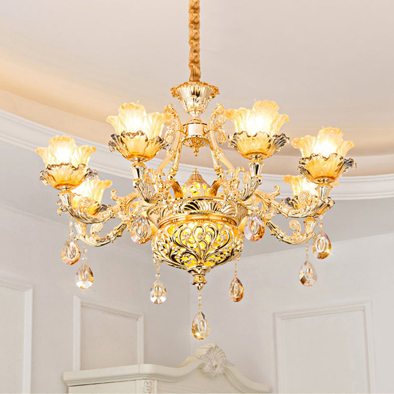 Luxusblüte hängende Kronleuchter 6/8 -Lampen Bernsteinglas Deckenleuchte in Gold mit Kristall -Drapieren