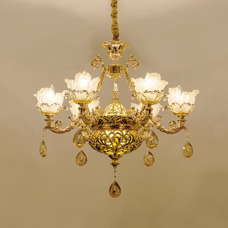 Chandelier suspendu de fleur de luxe 6/8 bulbes de plafond en verre ambré en or avec drapage en cristal