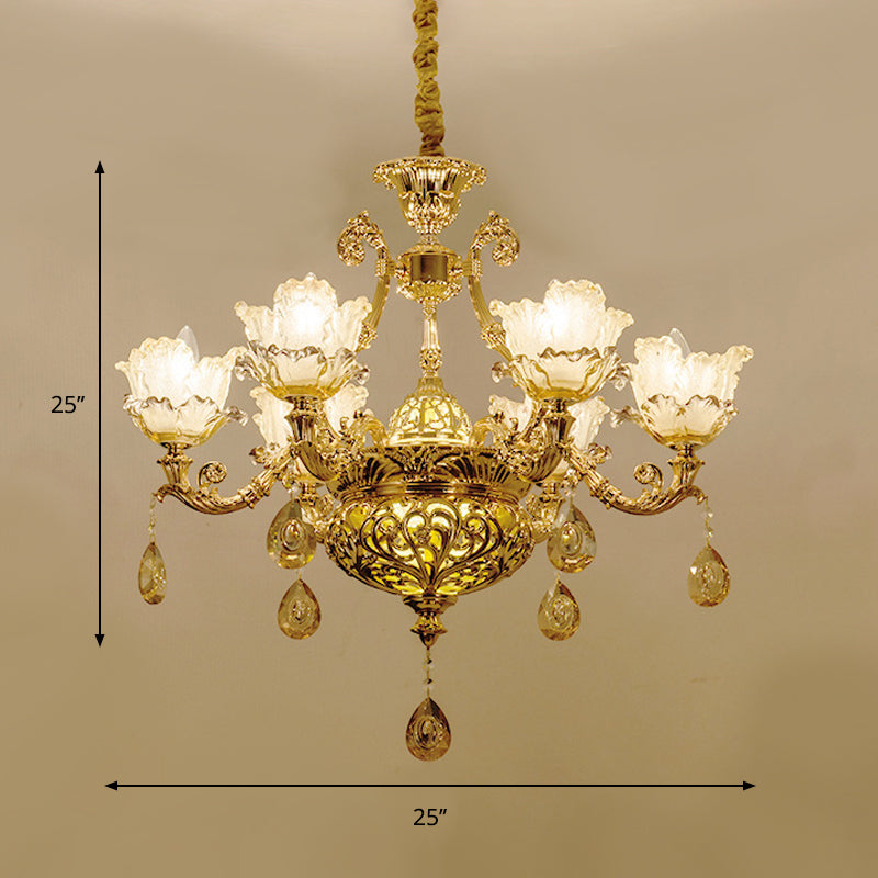 Luxury Flower Hanging Chandelier 6/8 Bulbs Amber Glass Ceiling Light in Gold with Crystal Draping