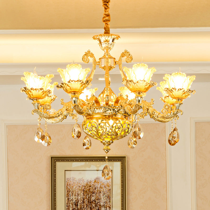 Luxury Flower Hanging Chandelier 6/8 Bulbs Amber Glass Ceiling Light in Gold with Crystal Draping