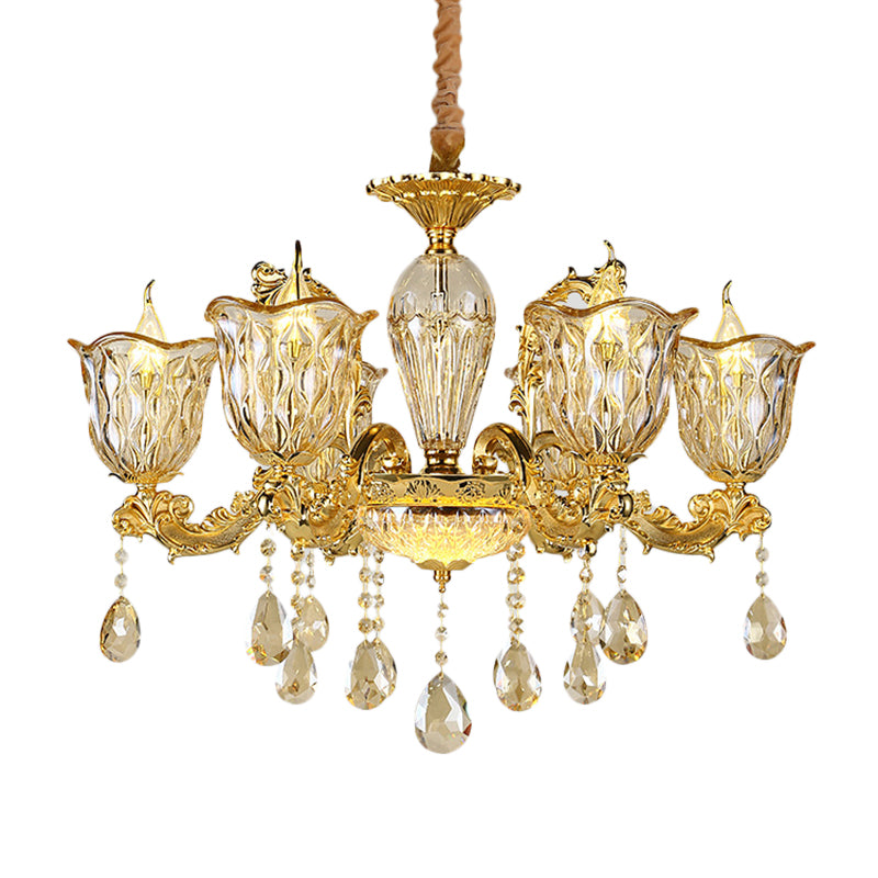 Champagne 6/8 Heads Chandelier Modernism Amber Crystal Flower Hanging Light Fixture with Carved Arm