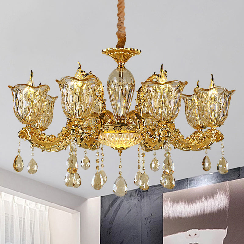 Champagne 6/8 Heads Chandelier Modernism Amber Crystal Flower Hanging Light Fixture with Carved Arm