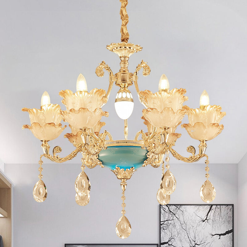 Lámpara de lámpara de araña floral de oro de mediados de siglo vidrio esmerilado 6/8 cabezas colgante de dormitorio con caída de cristal