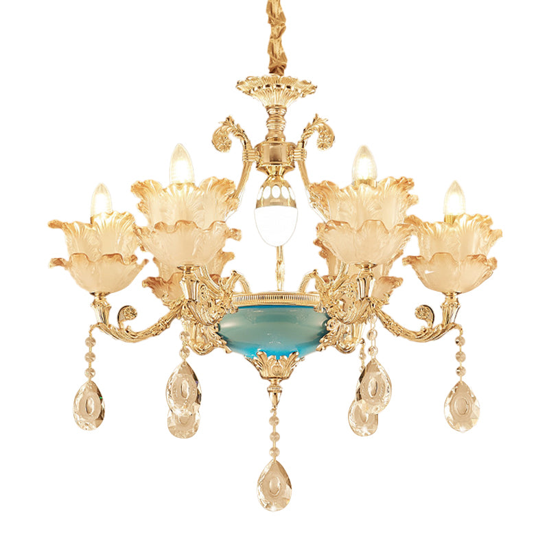 Gold Floral Chandelier Lighting Mid Century Frosted Glass 6/8 Heads Bedroom Pendant with Crystal Drop