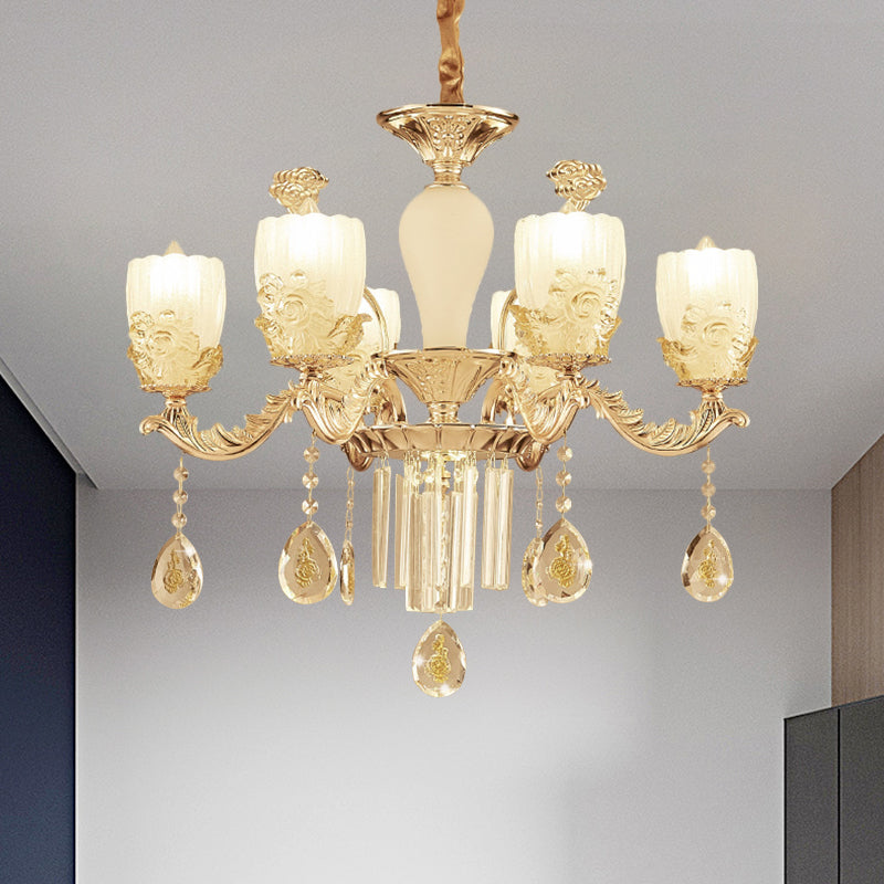 Frosted Glass Floral Chandelier Mid Century 6/8 Heads Bedroom Suspension Lamp in Gold with Crystal Draping