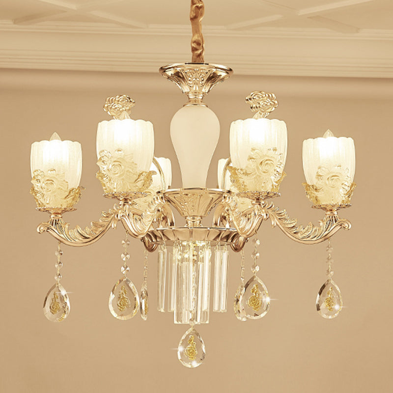 Frosted Glass Floral Chandelier Mid Century 6/8 Heads Bedroom Suspension Lamp in Gold with Crystal Draping
